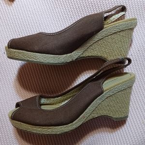 Size 7M Montego Bay brown Denim wedge heeled slingback,  brown peeptoe sandals